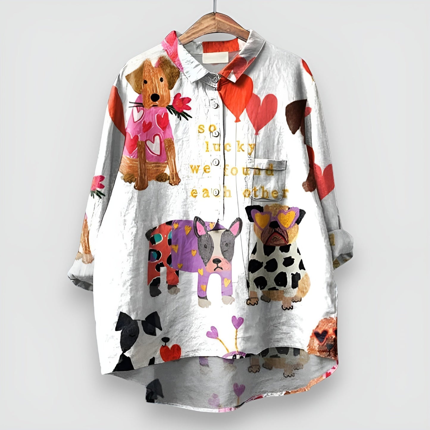 Penny | Damen-Bluse mit langen Ärmeln und Hundemuster, Übergroß