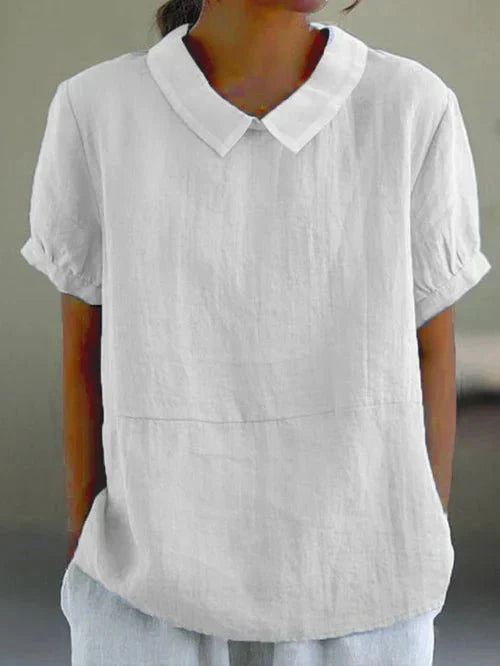 KROHN-E Damen Bluse kurzarm Peter-Pan-Kragen Leinen-Optik hellblau