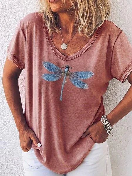 KROHN-E Damen V-Ausschnitt T-Shirt Libellen-Print Rosa