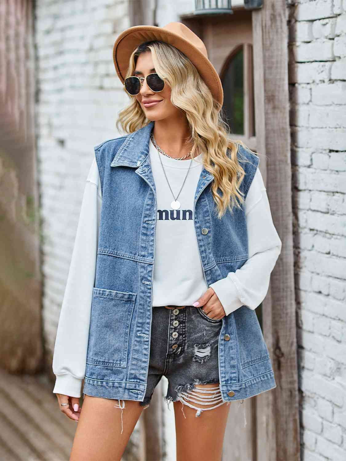 Krohn-e | Knopf-Front Ärmellose Jeansjacke