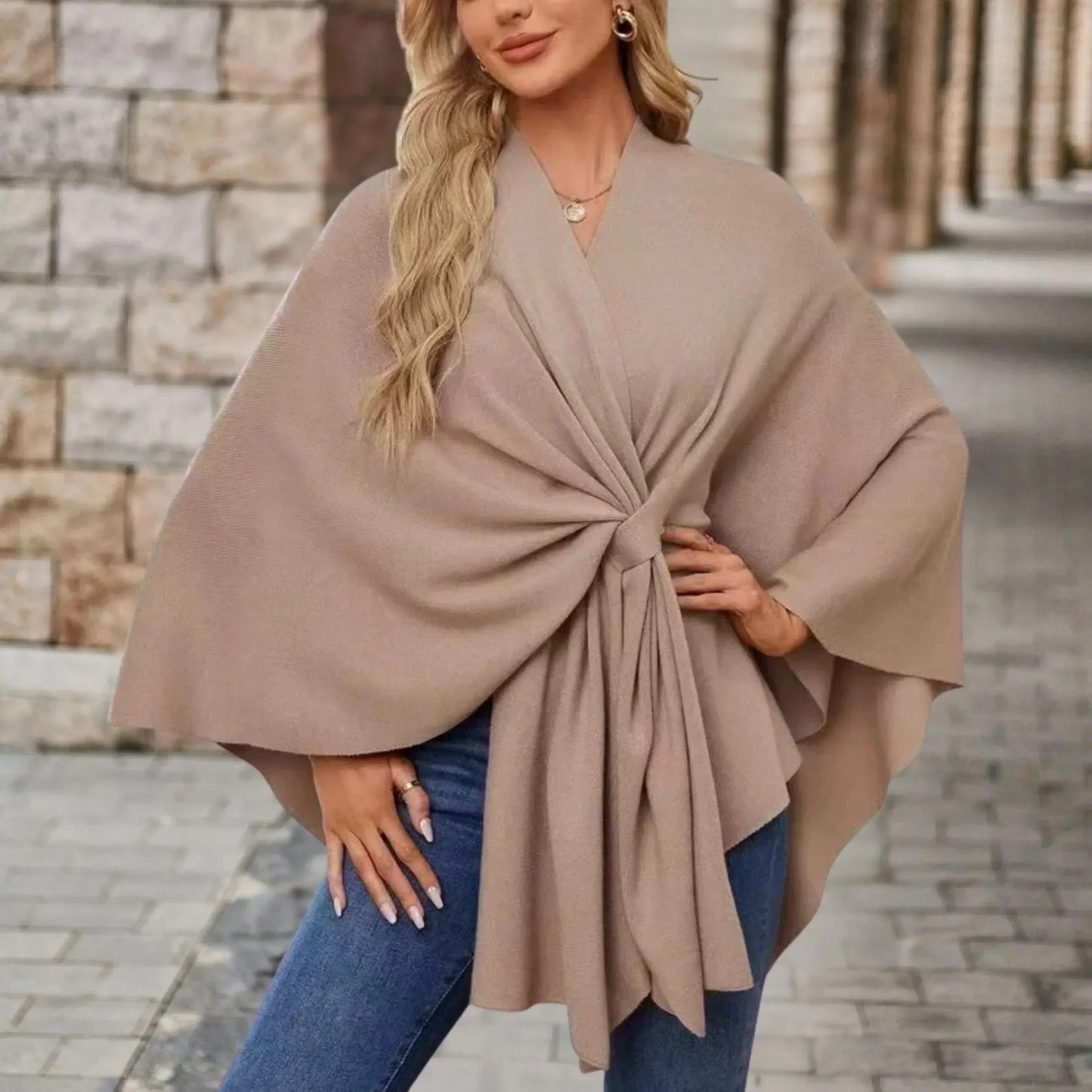 KROHN-E Damen Poncho Leicht Draped Knoten-Design Oversized