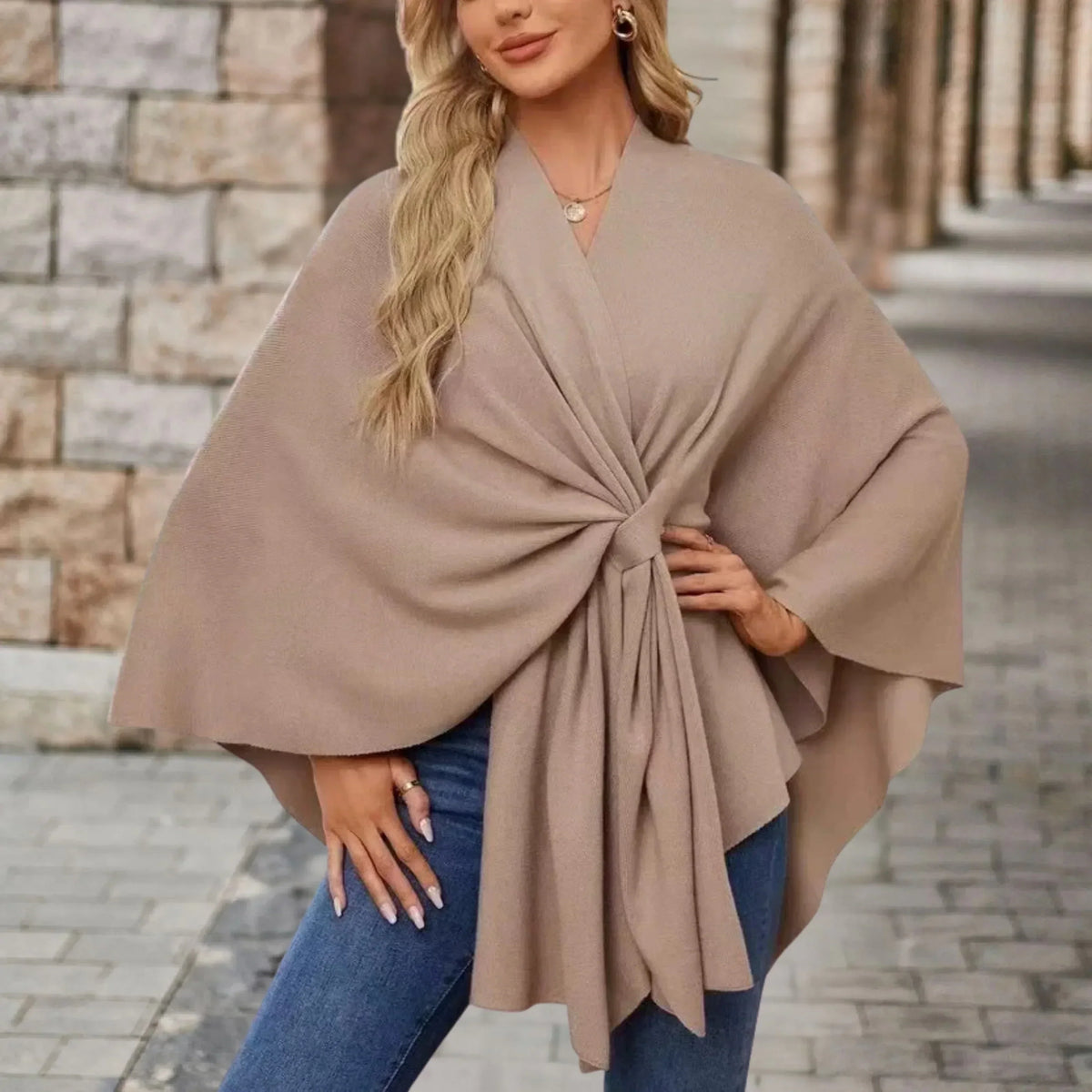 KROHN-E Damen Poncho Leicht Draped Knoten-Design Oversized