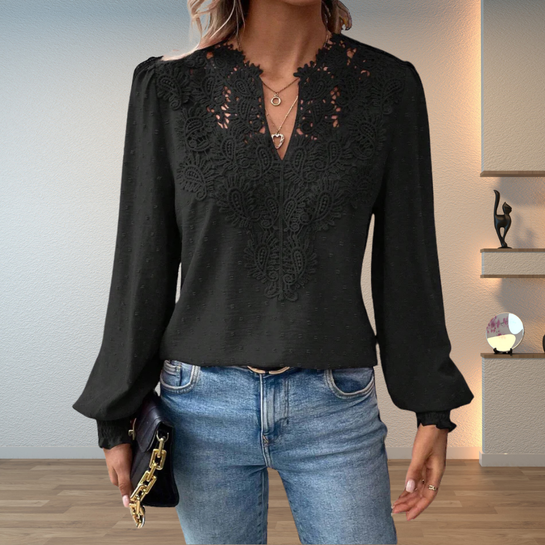 Sophie | Damen Bluse Langarm mit Spitze V-Ausschnitt