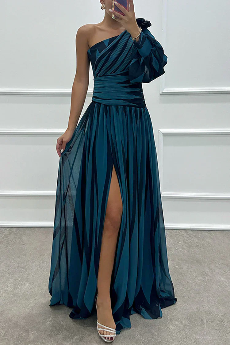 KROHN-E Damen Maxi-Kleid One-Shoulder Streifen Plissee Abend