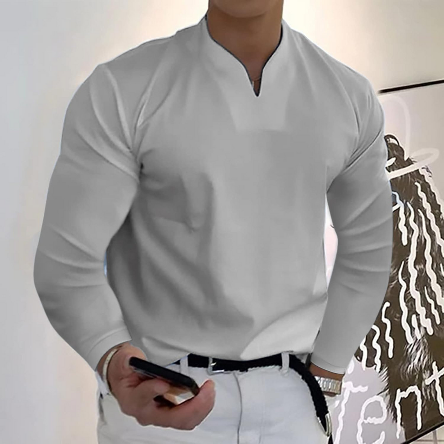 Jem | Herren Langarm Poloshirt V-Ausschnitt Slim Fit Polo