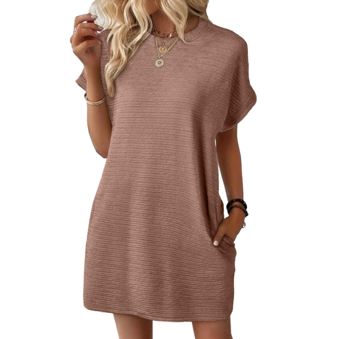 KROHN-E Damen Mini-Kleid Rundhals Kurze Ärmel Pink