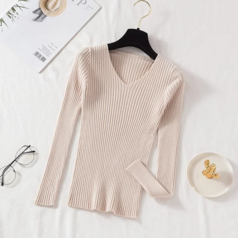 Krohn-e | Pullover - Slim-Fit Rippstrick V-Ausschnitt Pullover