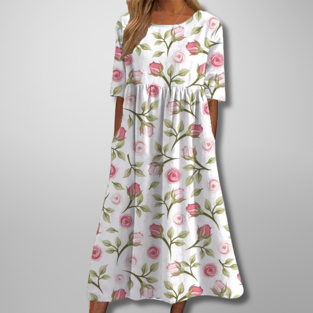 Dorothea | Damen Midi-Kleid Aquarell-Blumendruck Rundhals