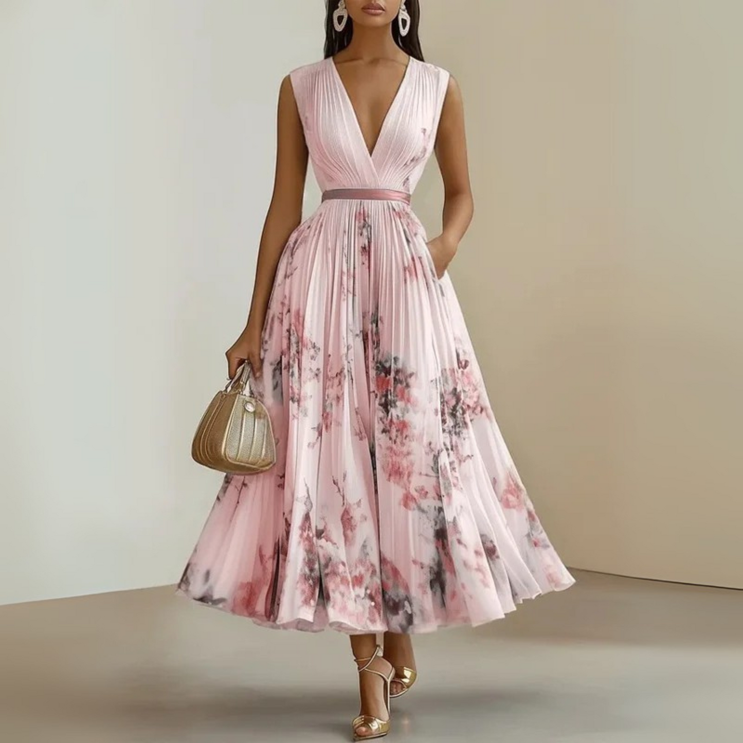 KROHN-E Damen Maxi-Kleid Ärmellos V-Ausschnitt Leichter Stoff Fließend