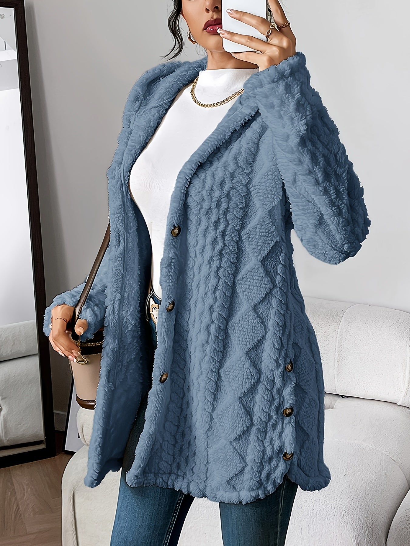 KROHN-E Damen Kapuzen-Cardigan Weich Plüsch Warm Oversized