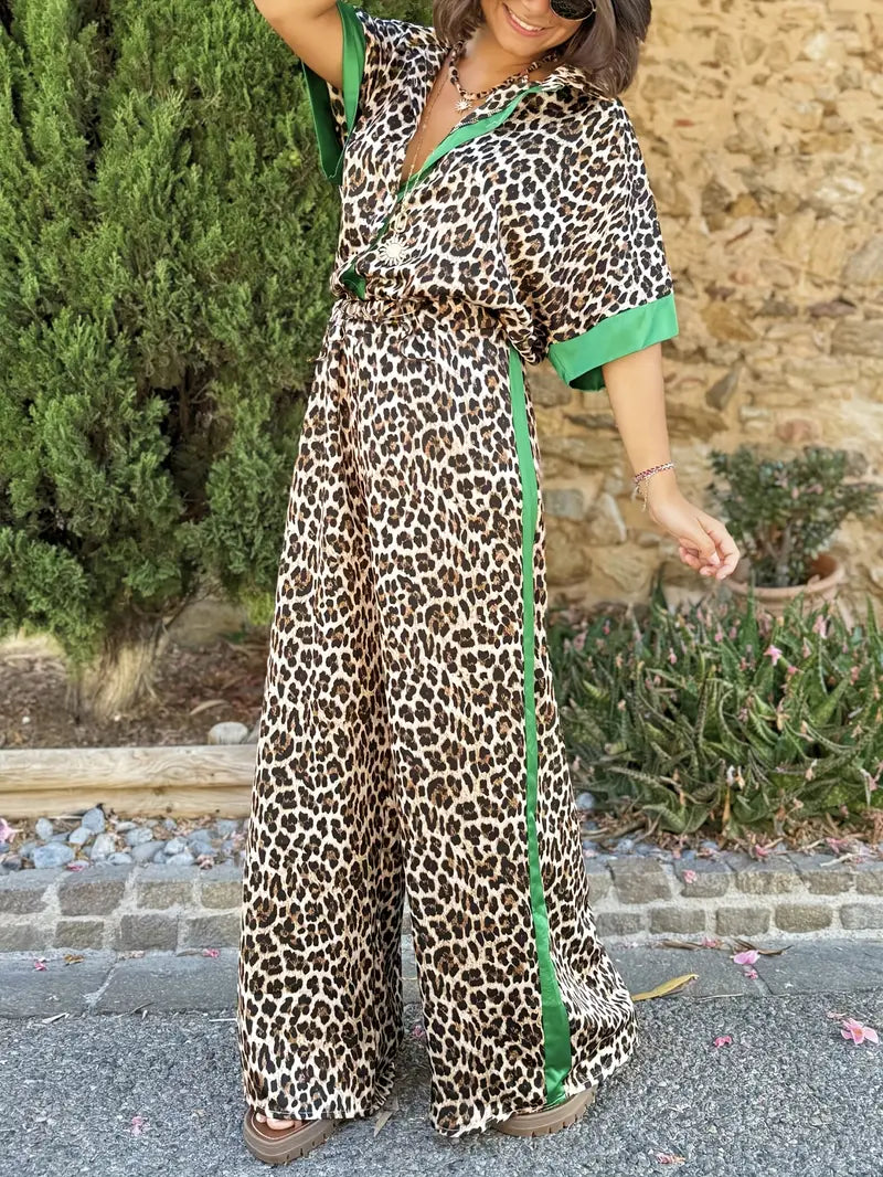 KROHN-E Damen Wide-Leg Hose Leoprint Fließend Zweiteiler