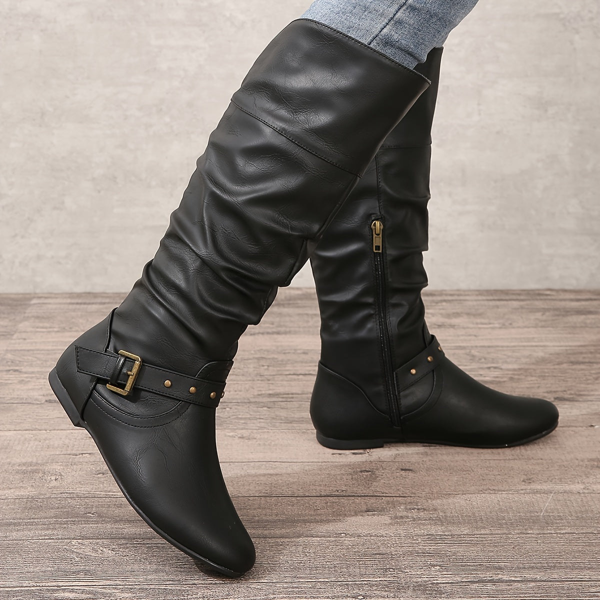 KROHN-E Damen Kniehöhe Stiefel Seitenverschluss Schwarz Elegant