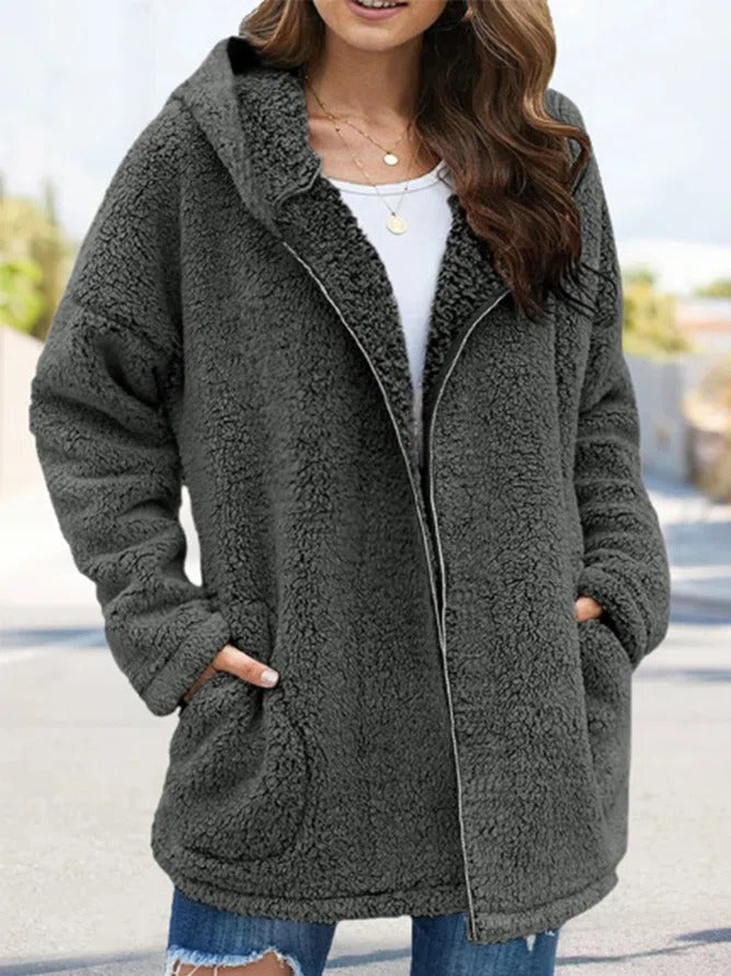 Olivegrüne Damen Teddyjacke mit Reißverschluss von Leyalora