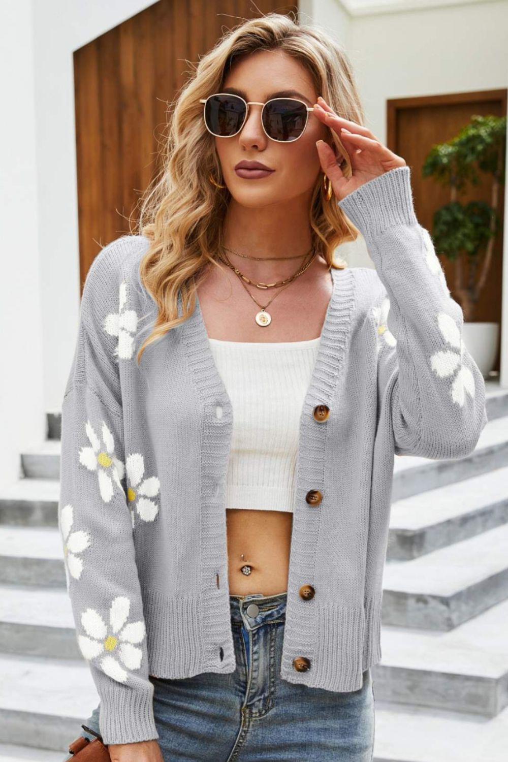 Krohn-e | Floral Ribbed Trim Drop Shoulder Cardigan