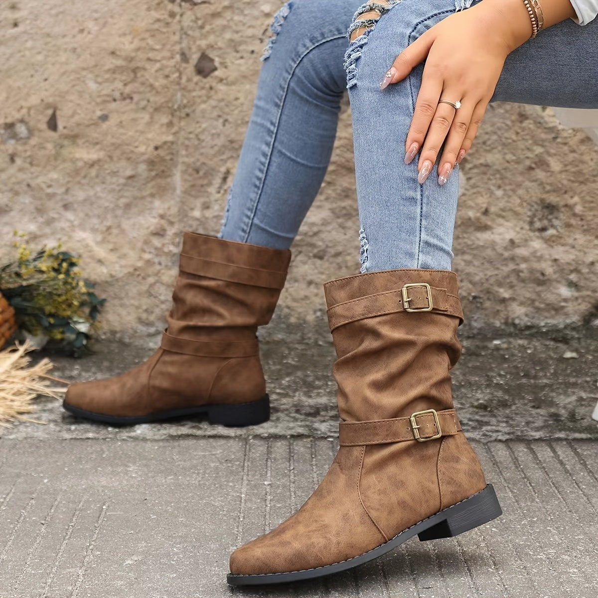 Krohn-e | Retro-Charme Schlabbernde Schnallen-Riemen Western Stiefeletten
