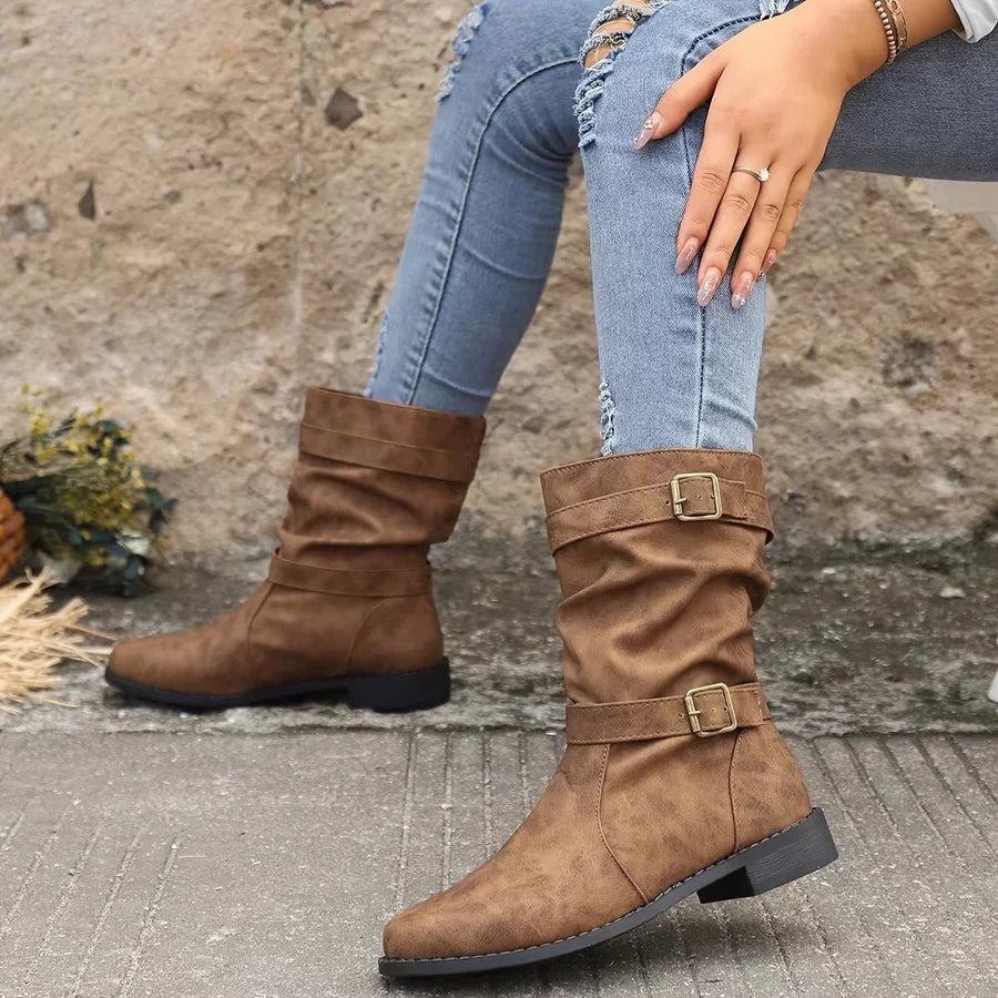 Krohn-e | Vintage Schnalle Strap Western Ankle Boots für Frauen