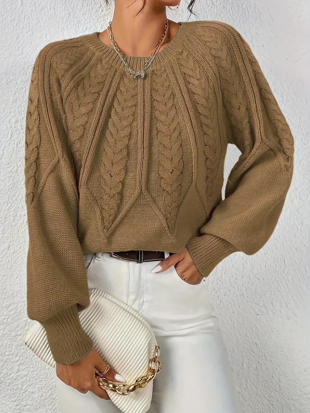 KROHN-E Damen Strickpullover Cable-Knit Oversize Beige Baumwolle