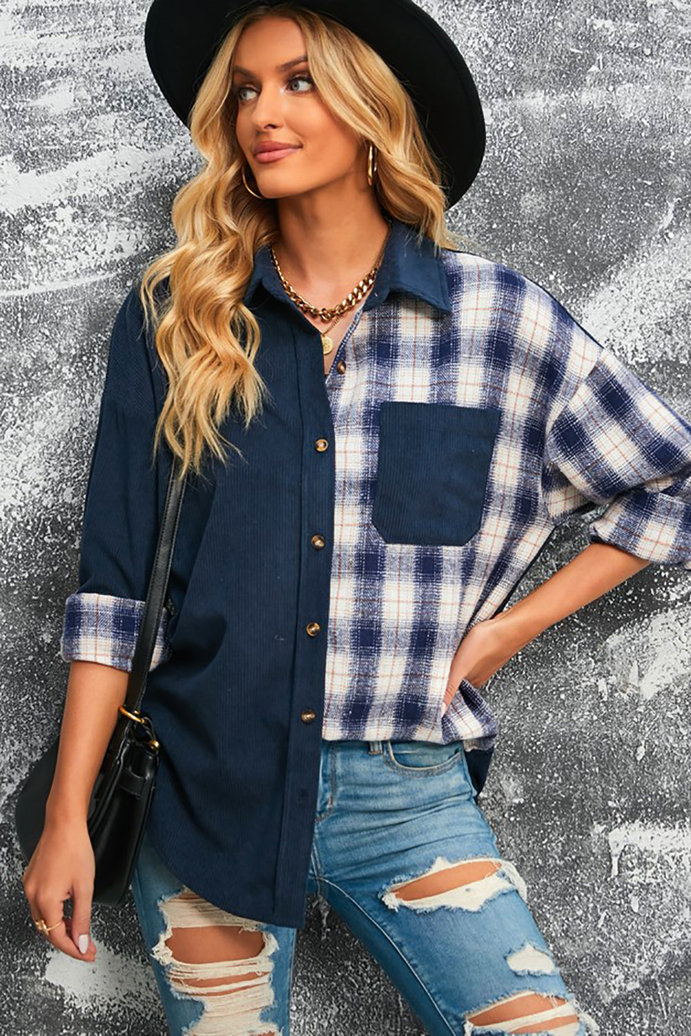 Krohn-e | Karierte Farbblock Gefallen Schulter Corduroy Shacket
