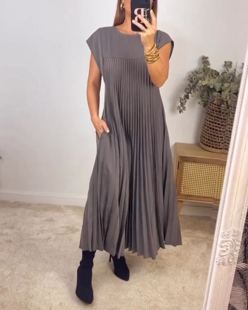 KROHN-E Damen Maxi-Kleid Plissiert Fließend Elegant Vielseitig