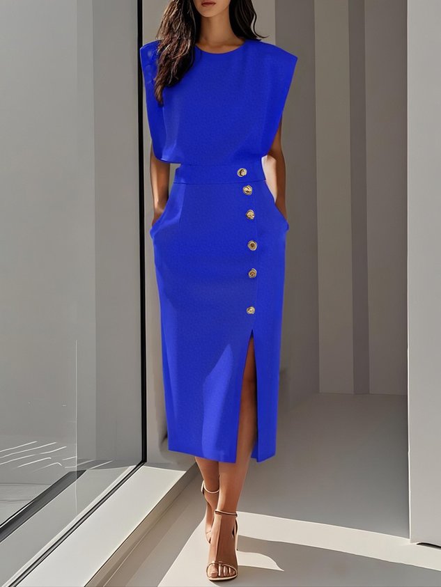 KROHN-E Damen Midi-Kleid Entspannter Schnitt Knopfdetail Vielseitig