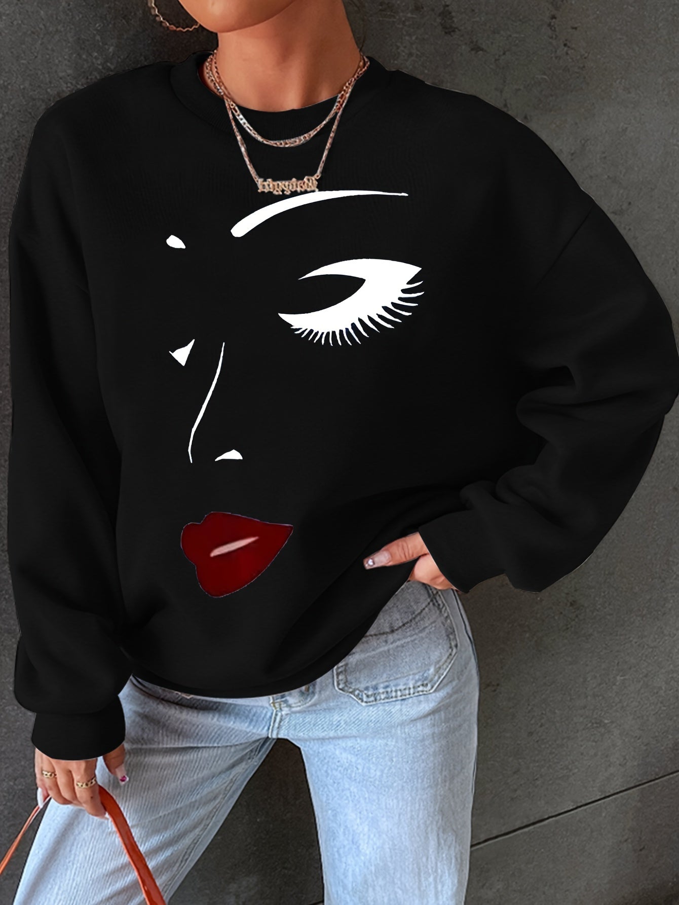 Krohn-e | Sweatshirt mit Gesichtsdruck Baumwolle Künstlerisch und Bequem