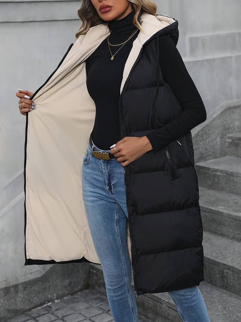Krohn-e | Damen Lange Weste Mit Kapuze Und Reißverschluss