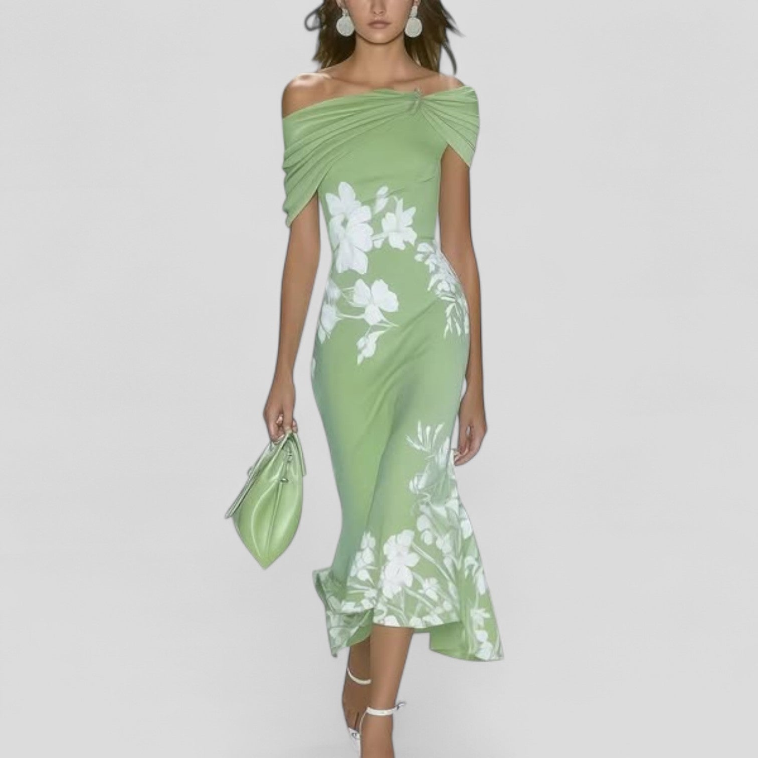 KROHN-E Damen Off-Shoulder Midi-Kleid salbeigrün Blumenmuster