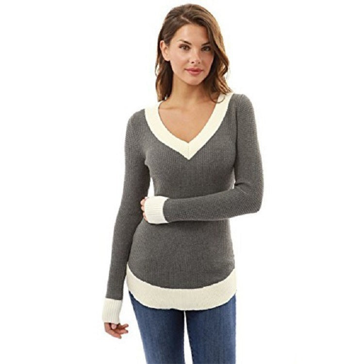 Damen V-Ausschnitt Pullover mit kontrastierenden Abschlüssen Krohn-e