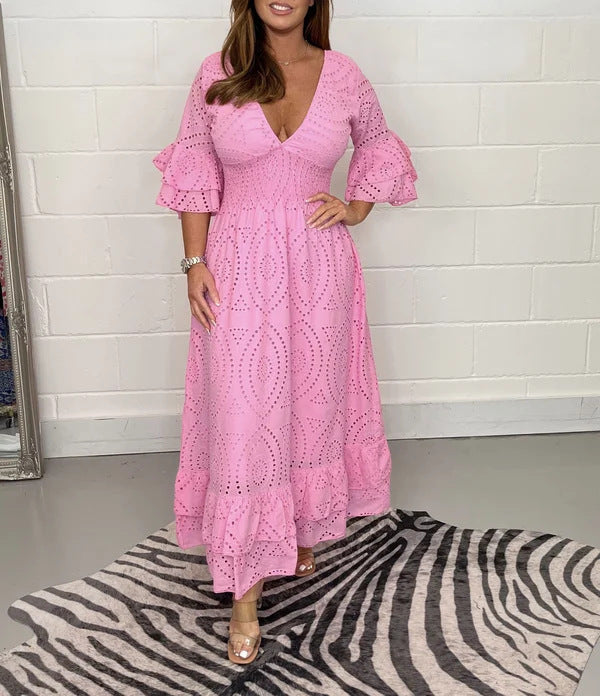 Fudus | Hochgeschnittenes, unifarbenes V-Ausschnitt-Kleid mit Stickerei