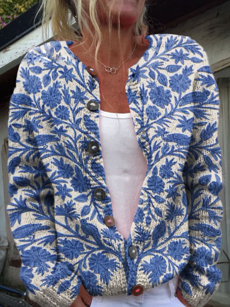 Krohn-e | Knopflose Strickjacke mit Blumenmuster Strick Elegant und Komfortabel