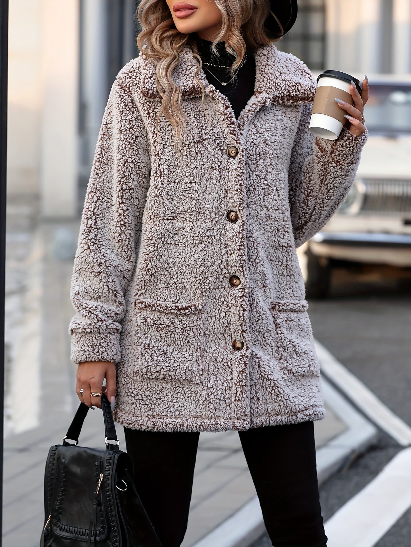 Krohn-e | Lange Teddyjacke mit Knöpfen Polyester Komfortabel und Warm