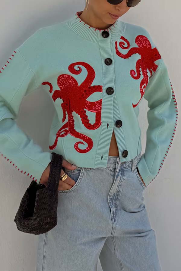 Krohn-e | Strandstrick-Cardigan mit nautischem Oktopus-Design