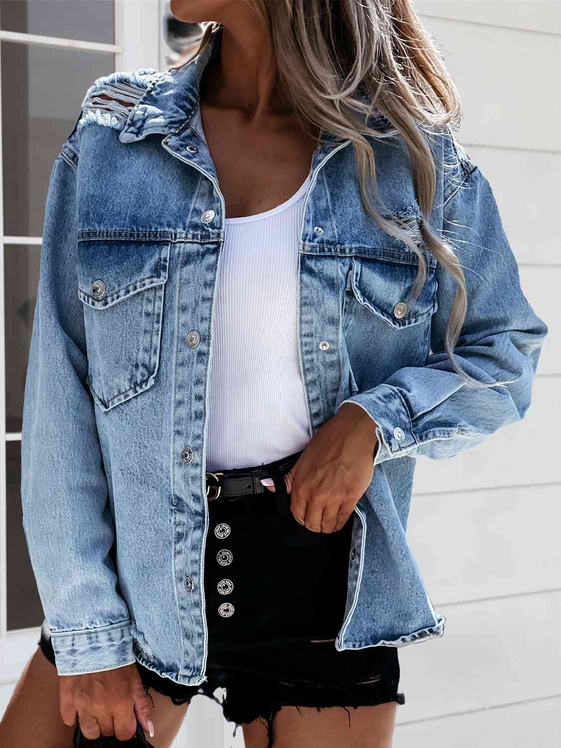 Krohn-e | Ausgefranste Snap Down Denimjacke