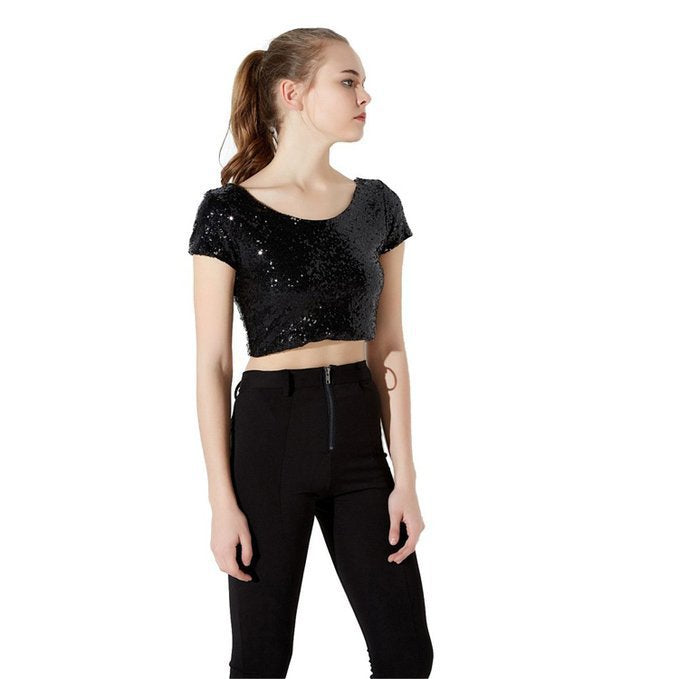 Damen Crop Top mit glamourösem Paillettenbesatz und skaterförmigem Rock Krohn-e