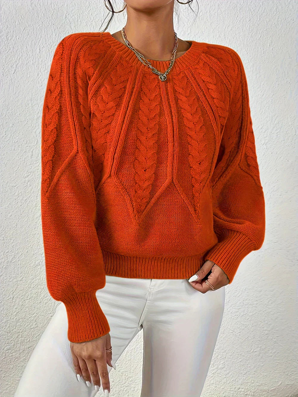 KROHN-E Damen Strickpullover Cable-Knit Oversize Beige Baumwolle