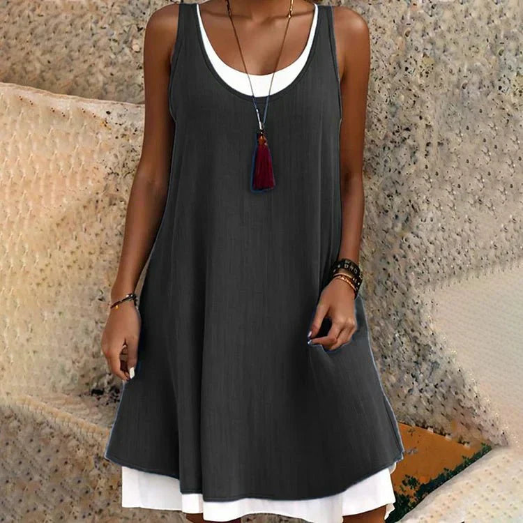KROHN-E Damen Lagen-Mini-Kleid Ärmellos Schwarz Weiß