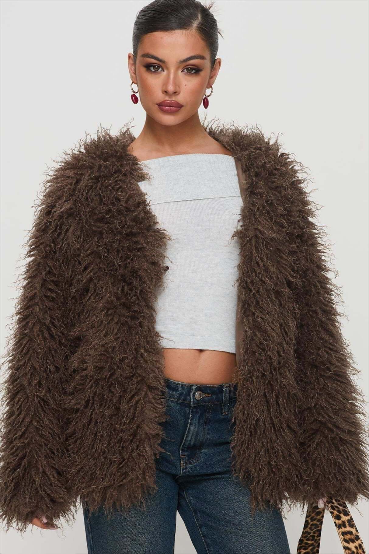 Krohn-e | Fluffy Brown Faux Fur Übergroße Jacke