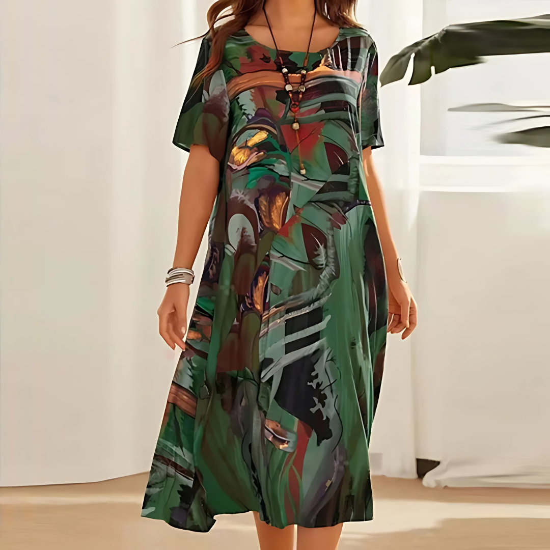 KROHN-E Damen Midi-Kleid Blumenmuster A-Linie Kurze Ärmel Sommerkleid