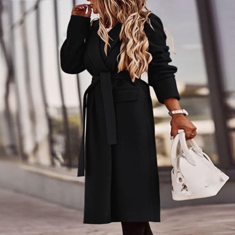 Krohn-e | Trenchcoat - Langer Eleganter Schnitt - Taillengürtel - Klassische Breite Revers