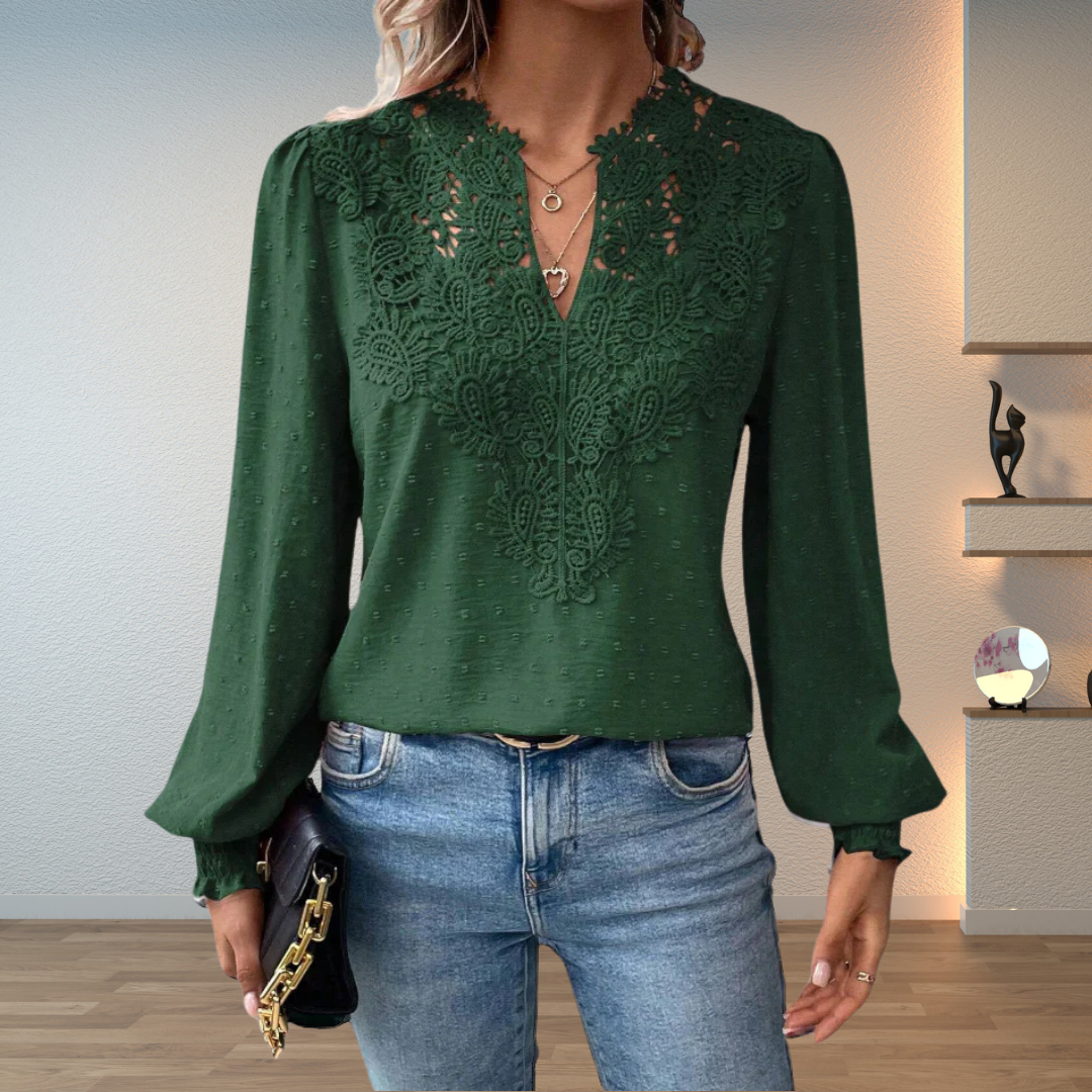 Sophie | Damen Bluse Langarm mit Spitze V-Ausschnitt
