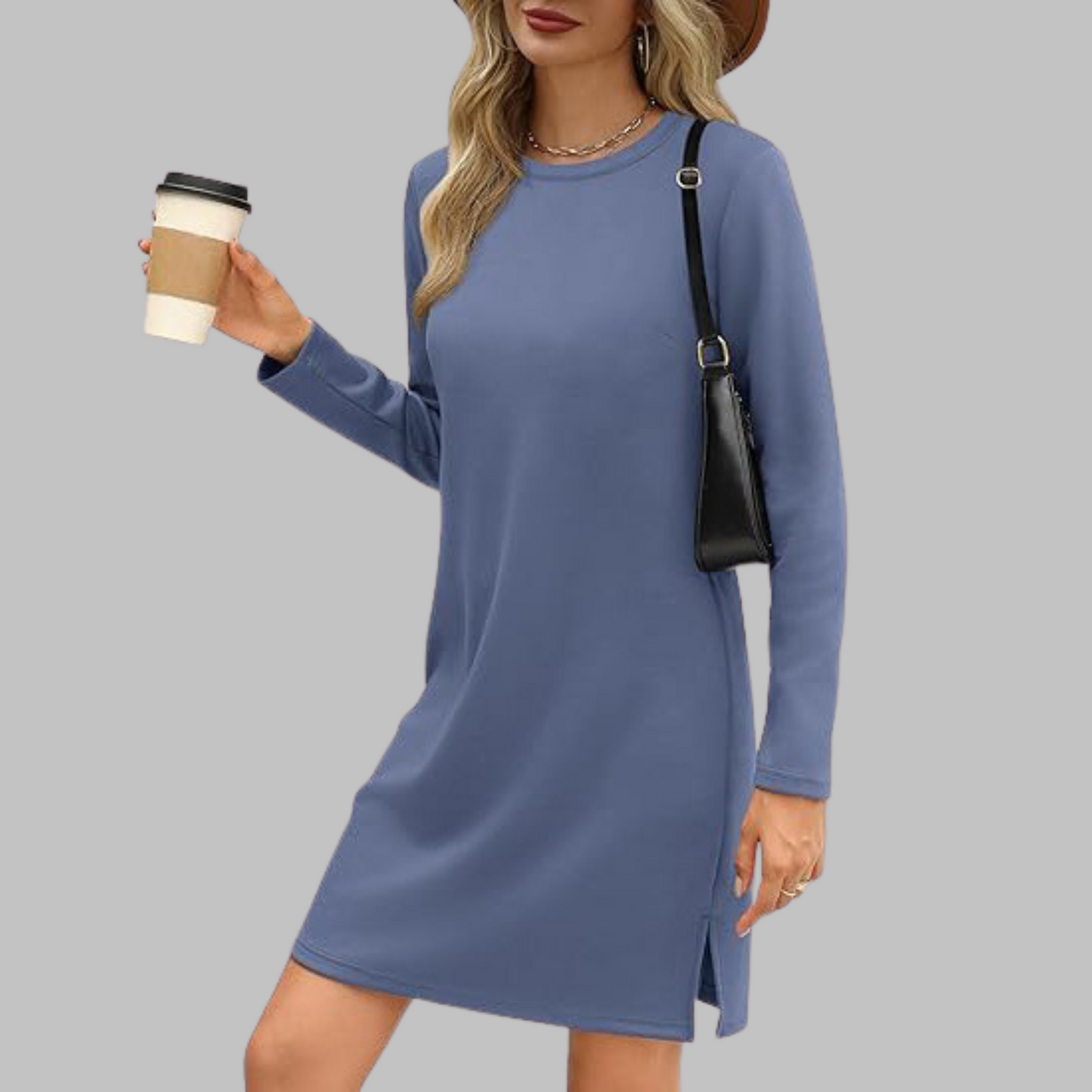 KROHN-E Damen Langarmkleid Rundhals Relaxed Fit Alltagskleid