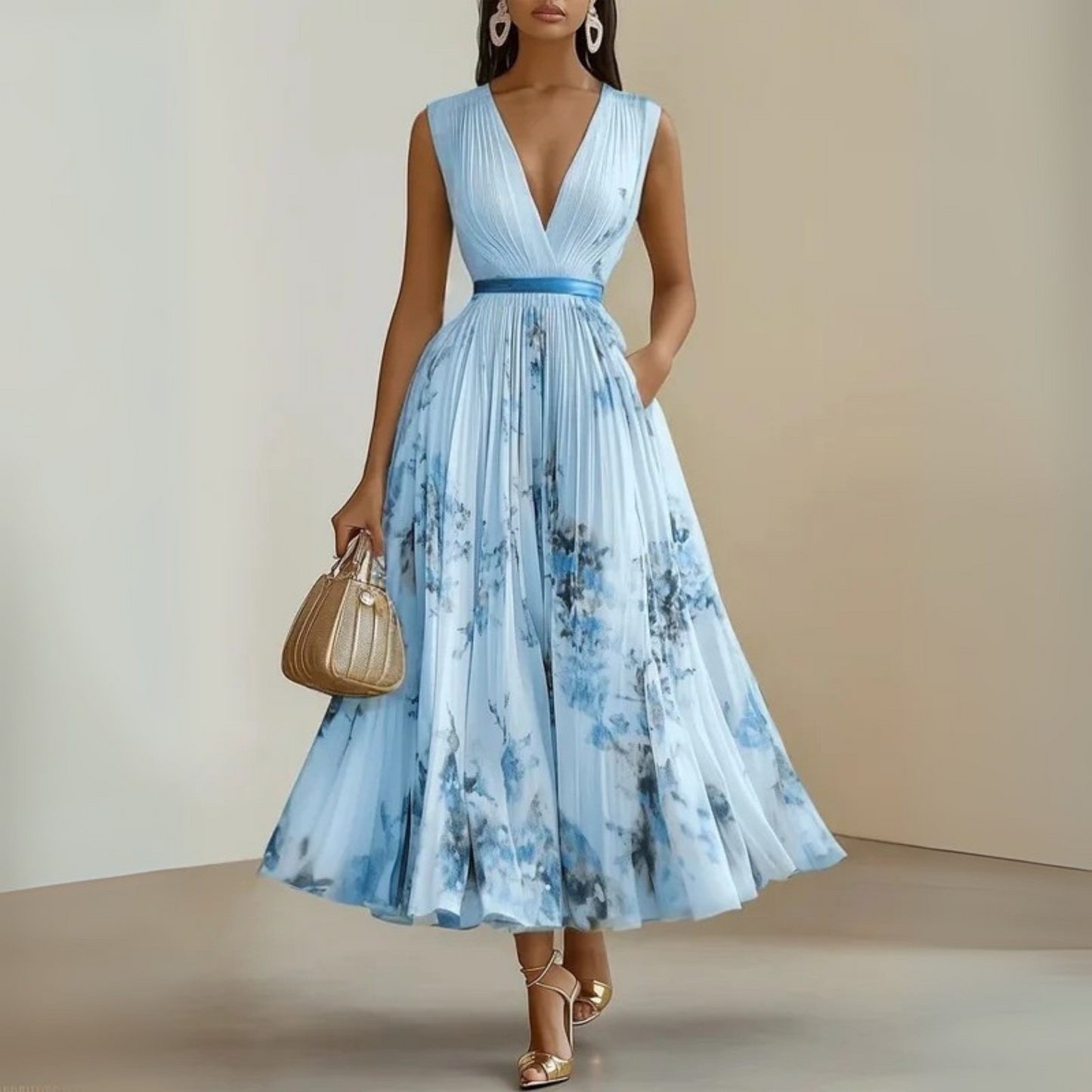 KROHN-E Damen Maxi-Kleid Ärmellos V-Ausschnitt Leichter Stoff Fließend