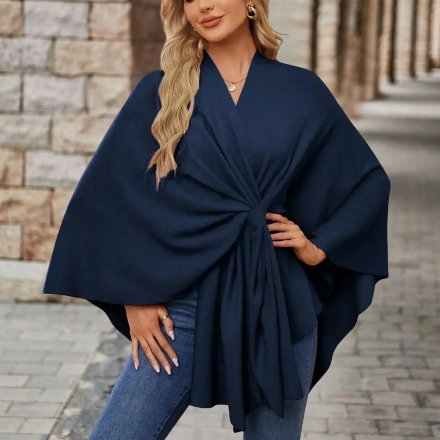 KROHN-E Damen Poncho Leicht Draped Knoten-Design Oversized
