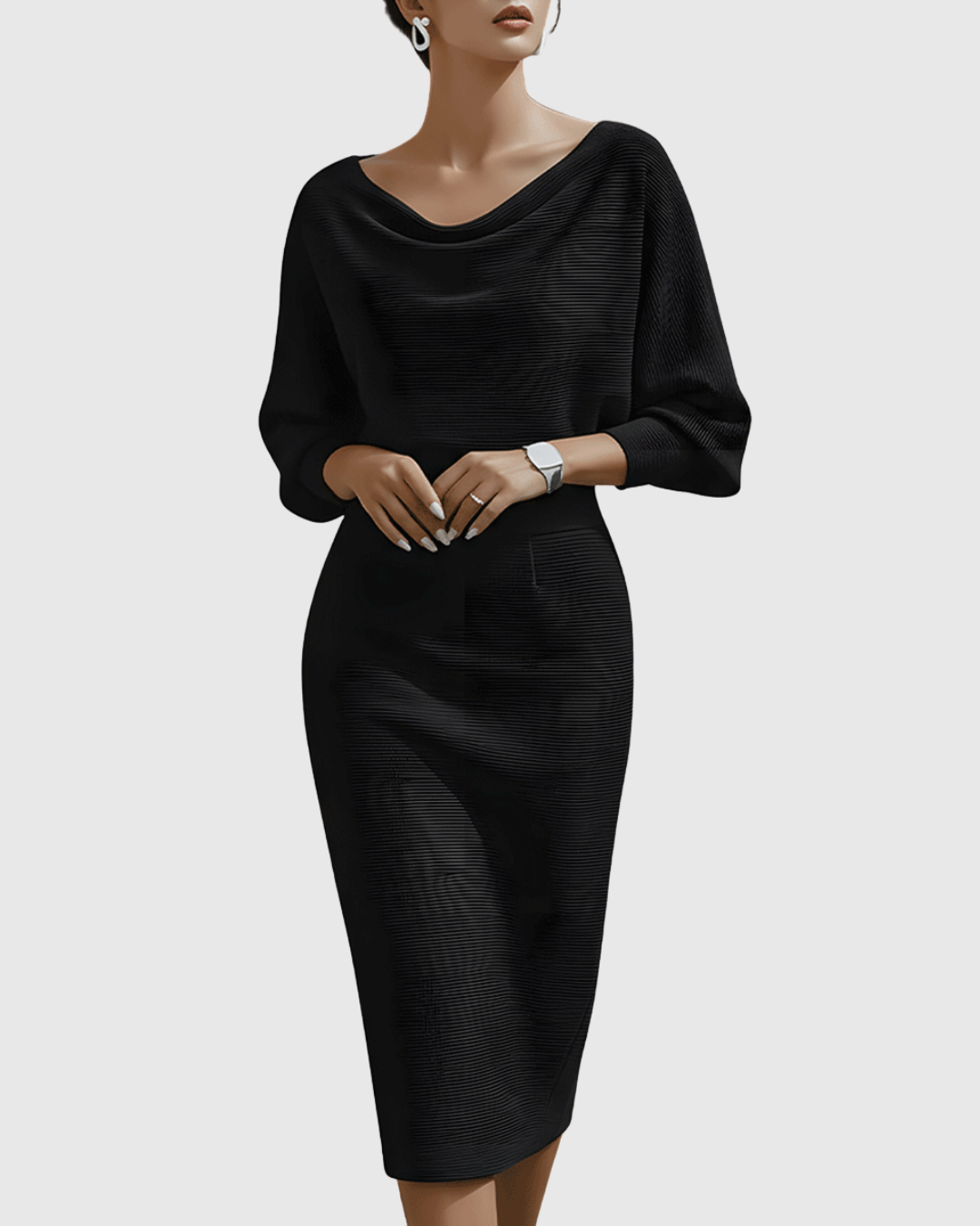 Nadine | Damen Midi Kleid Fledermausärmel Drapierter Ausschnitt Figurbetontes Kleid