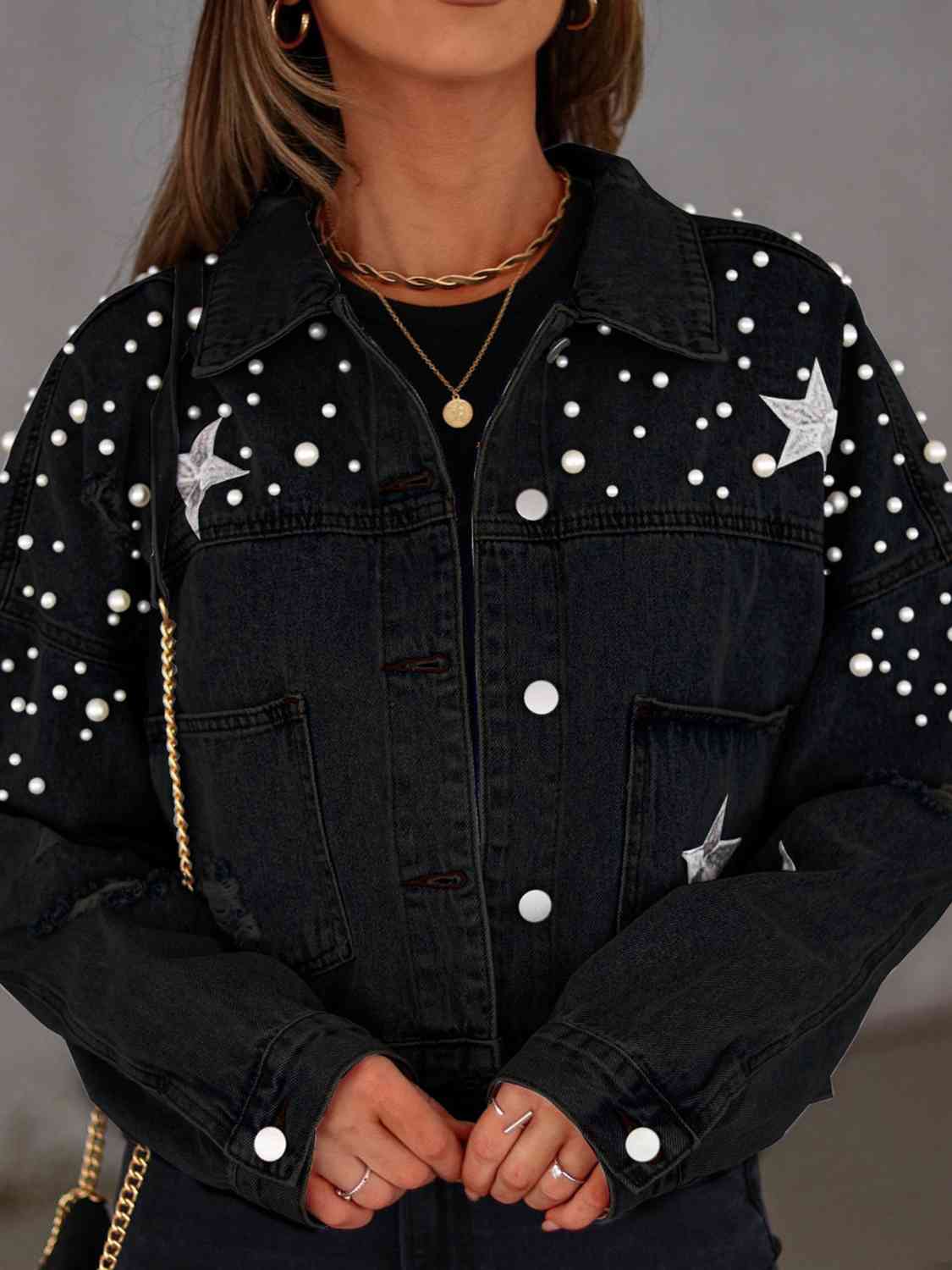 Krohn-e | Perlenbesatz Knopf-Down Denimjacke mit Taschen