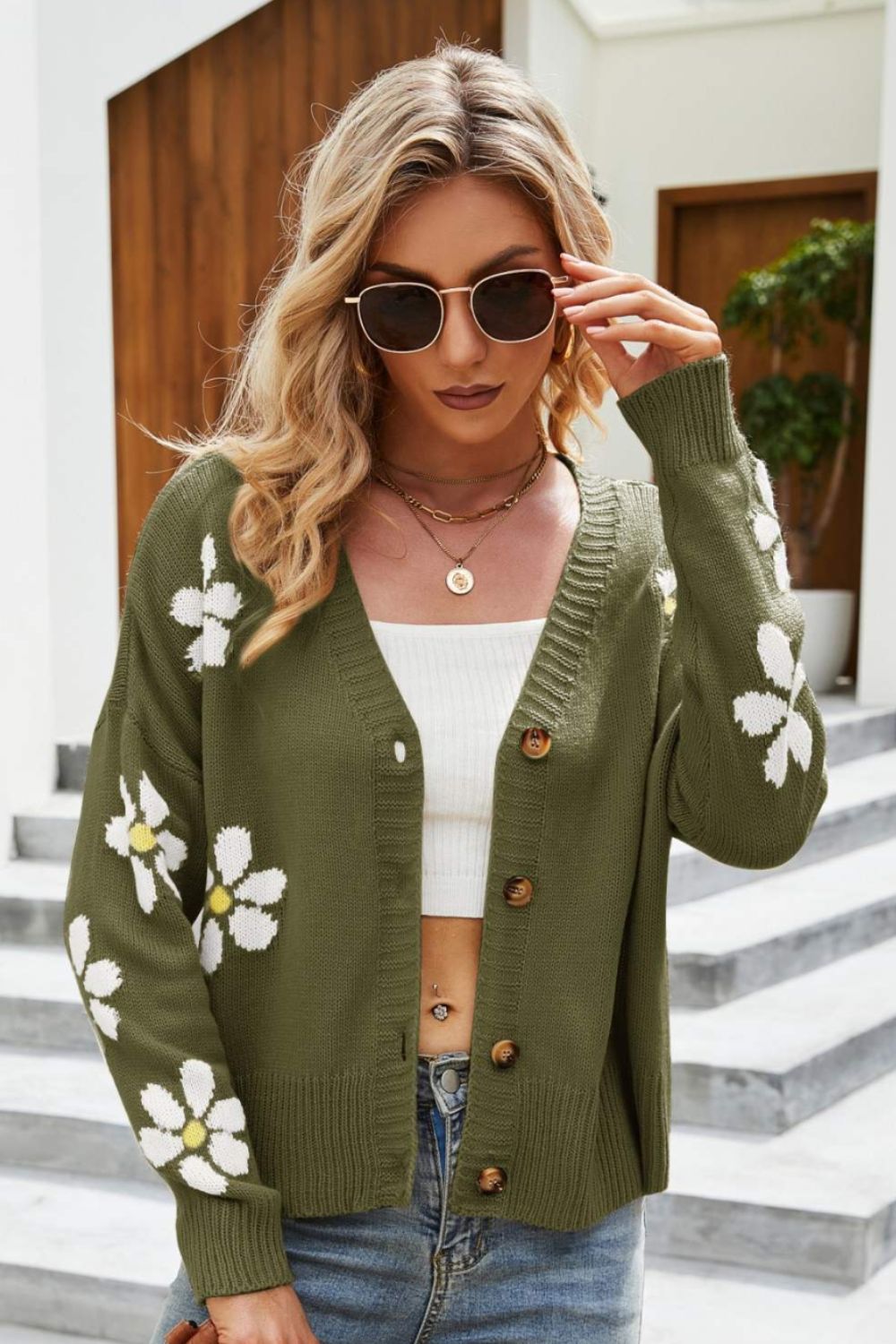 Krohn-e | Floral Ribbed Trim Drop Shoulder Cardigan