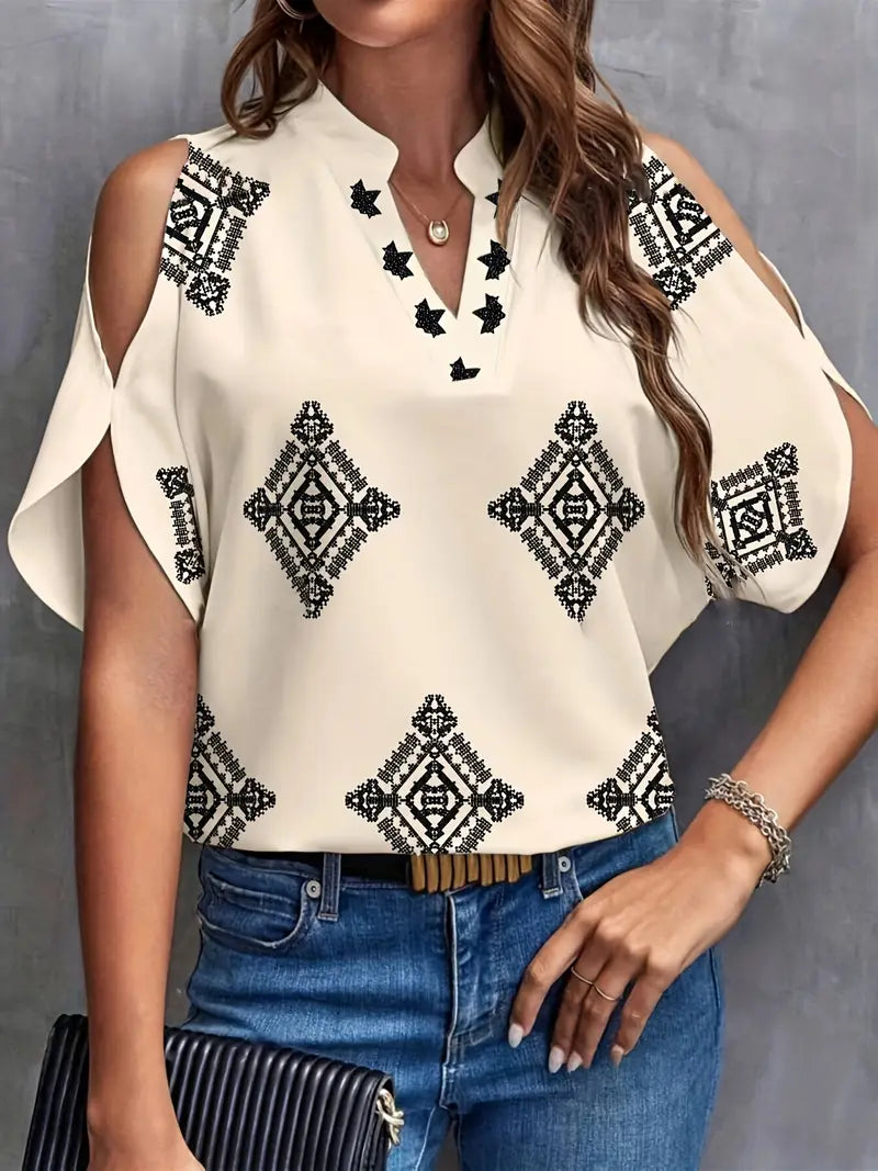 Elegante geometrische Bluse mit offener Schulter und Stern-Diamant-Details von Fudus