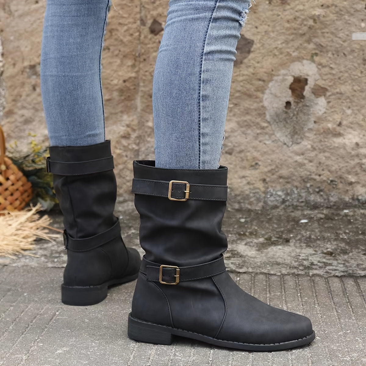 Krohn-e | Retro-Charme Schlabbernde Schnallen-Riemen Western Stiefeletten