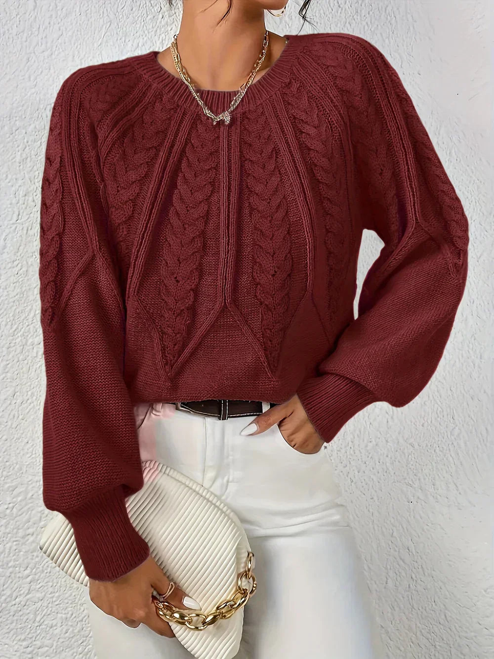 KROHN-E Damen Strickpullover Cable-Knit Oversize Beige Baumwolle