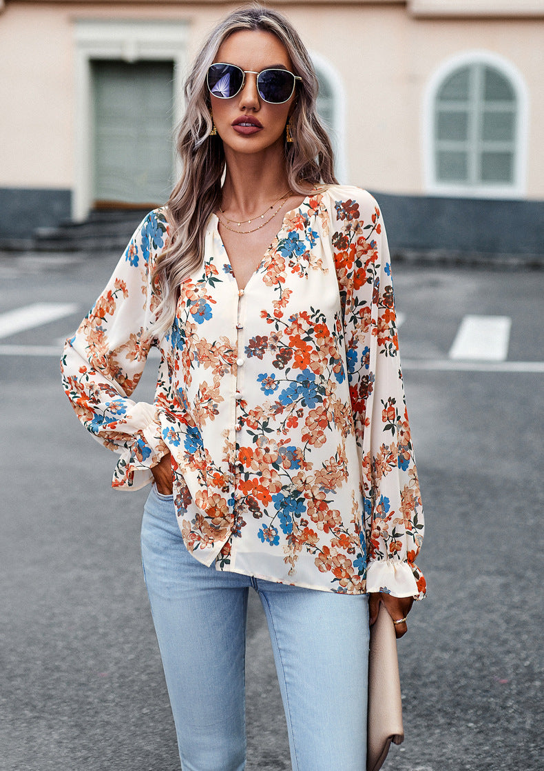 Trendige Damenbluse mit V-Ausschnitt und Blumenmuster von Fudus